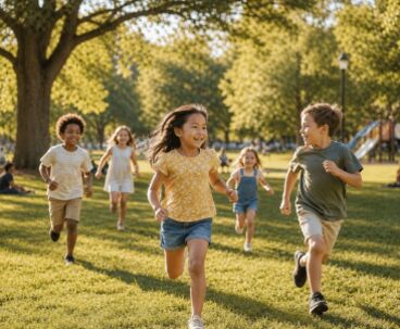 Children running across the grass at a neighbourhood park in Caledon