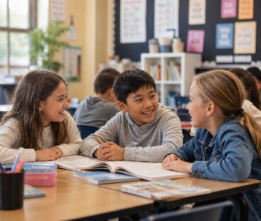 Students working together in a classroom at a school near Bolton
