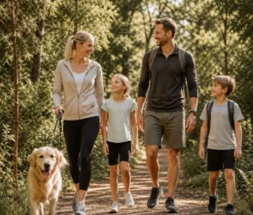A family walking a dog on a wooded trail near Upper Bolton