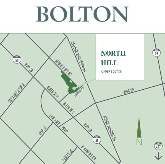 Key plan map showing North Hill on Highway 50 at Mount Hope Road, north of downtown Bolton, with Highway 427, Highway 27 and King Road nearby
