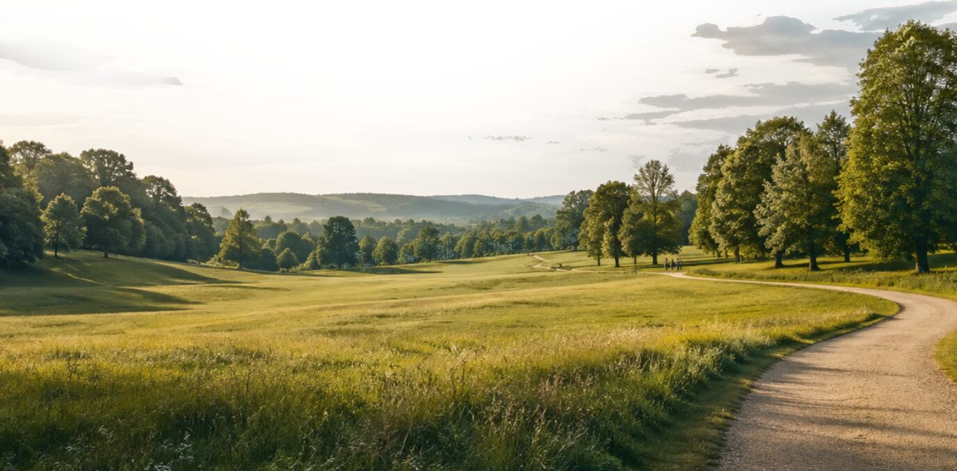 Rolling meadow and a curving gravel trail through mature trees at North Hill in Upper Bolton